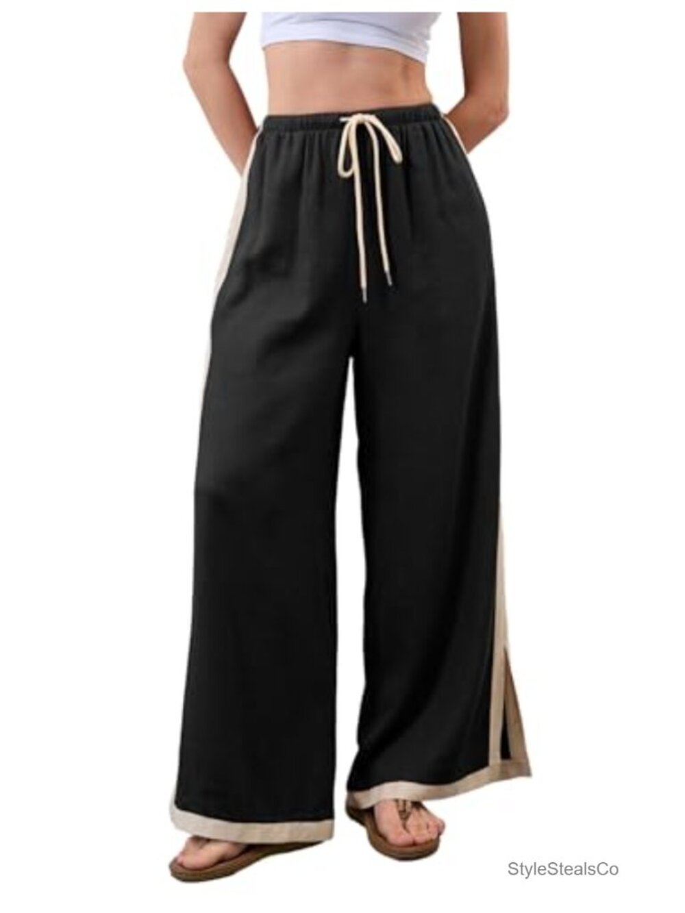Linen Wide Leg Pants for Women Side Striped Drawstring High Waisted Palazzo